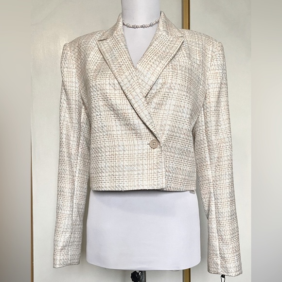 X Calvin Klein Tweed Blazer, Size 6, Petite, Light Cream Silver Peach Light Blue - Picture 4 of 11